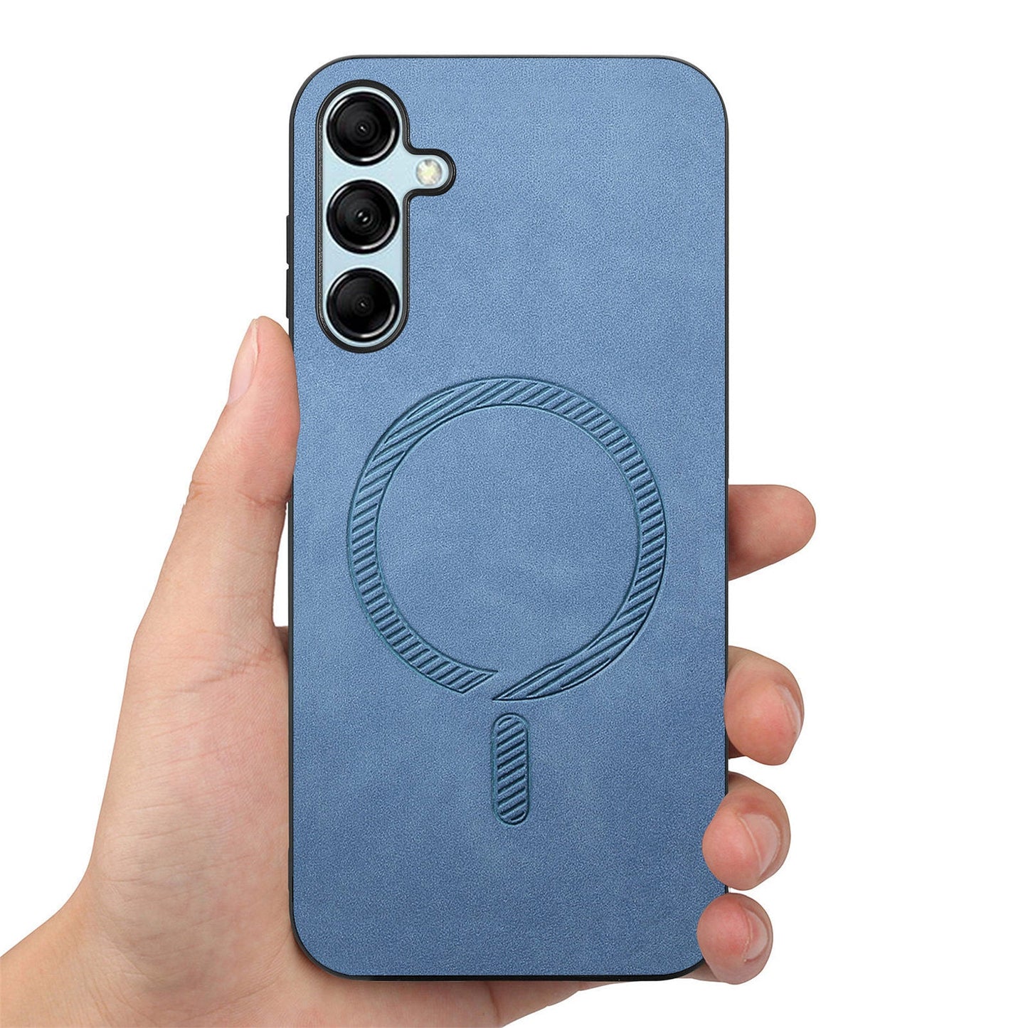 For Samsung Galaxy M14 5G Leather Back Case Compatible with MagSafe Skin-touch Phone Cover - Blue