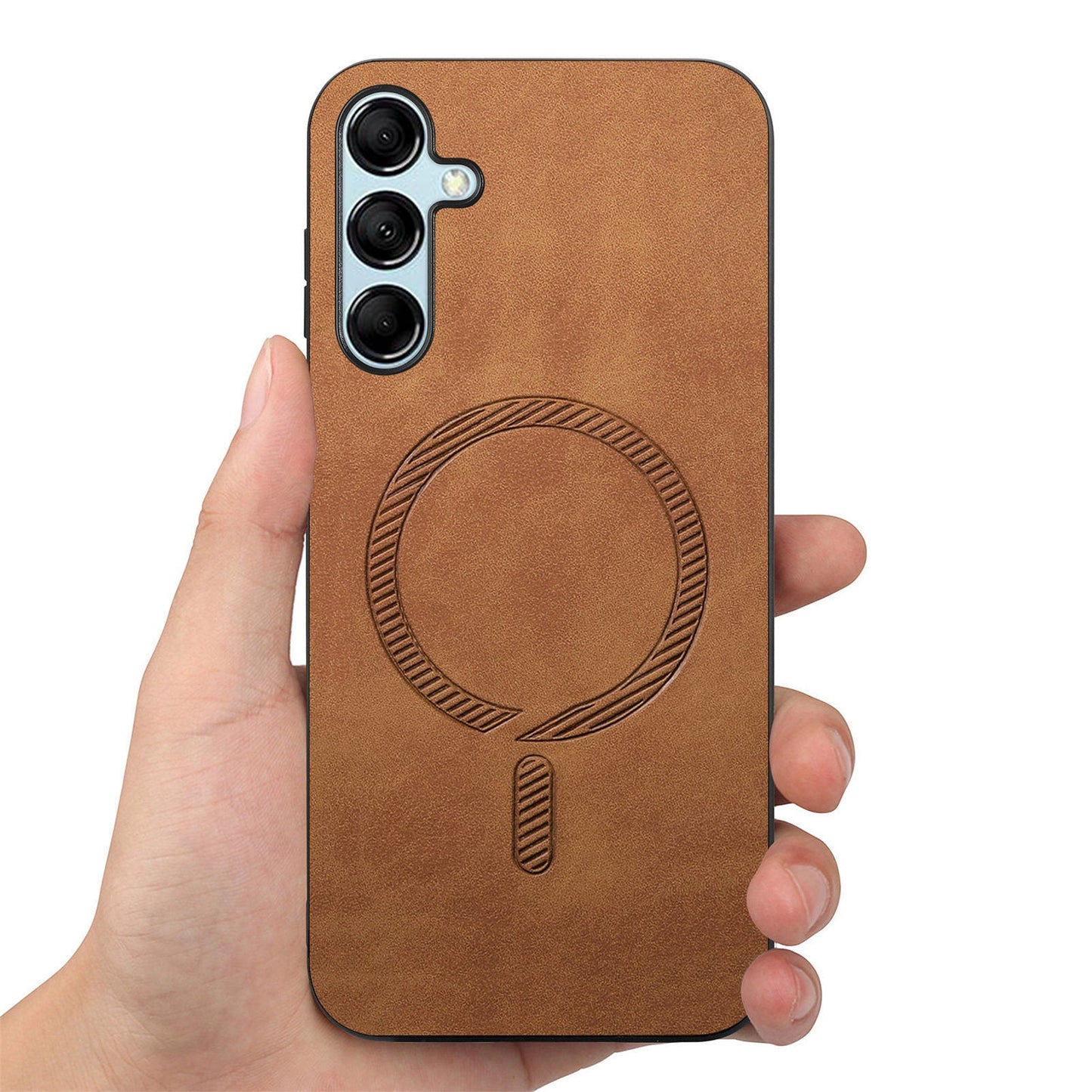 For Samsung Galaxy M14 5G Leather Back Case Compatible with MagSafe Skin-touch Phone Cover - Brown