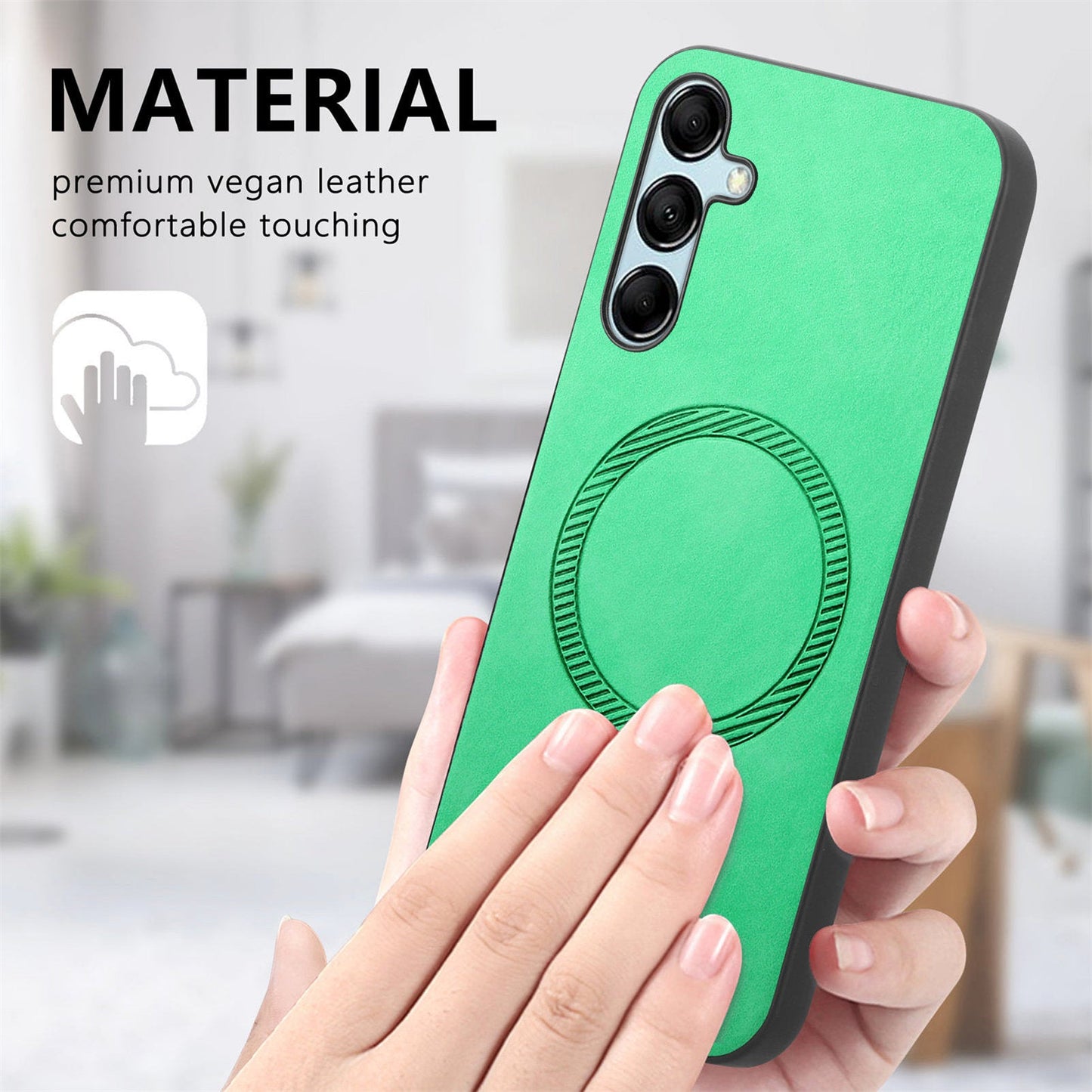 For Samsung Galaxy M14 5G Leather Back Case Compatible with MagSafe Skin-touch Phone Cover - Green