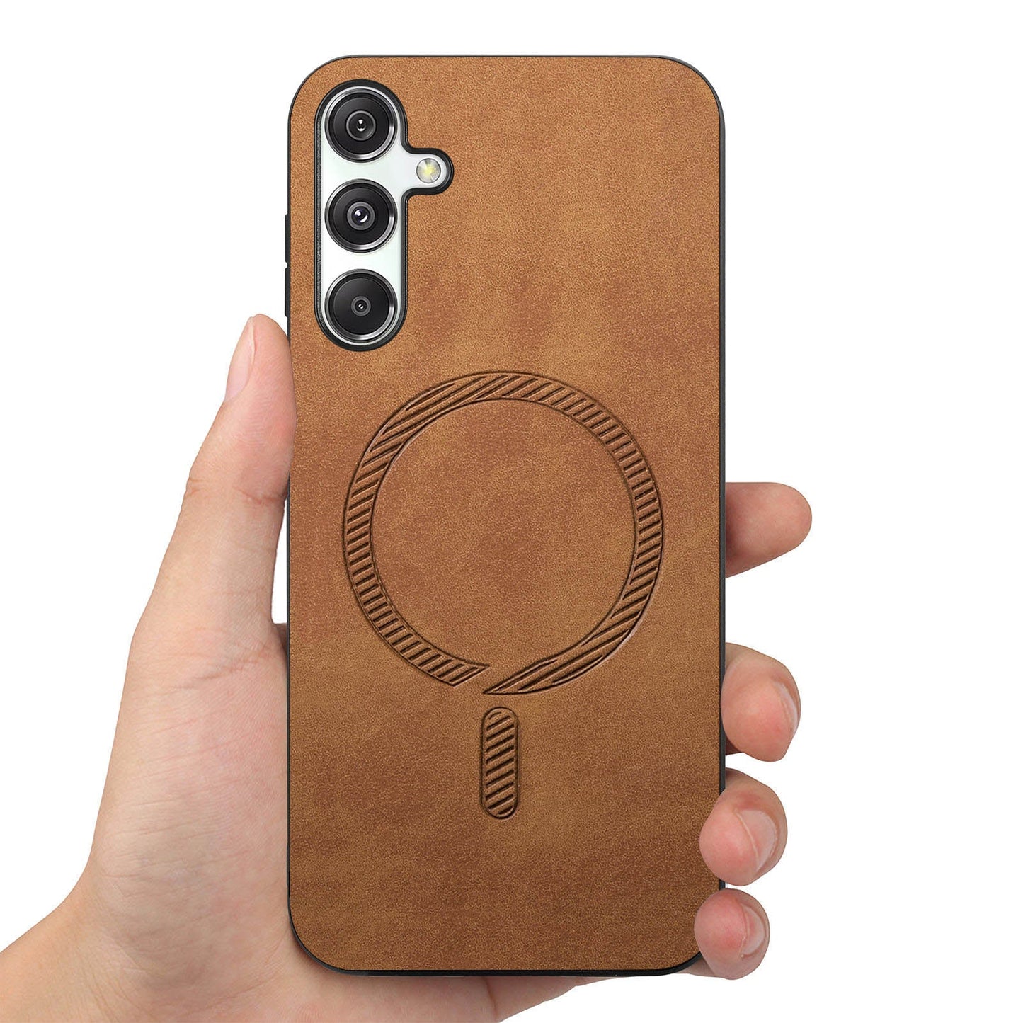 For Samsung Galaxy M34 5G Leather Back Case Compatible with MagSafe Skin-touch Phone Cover - Brown
