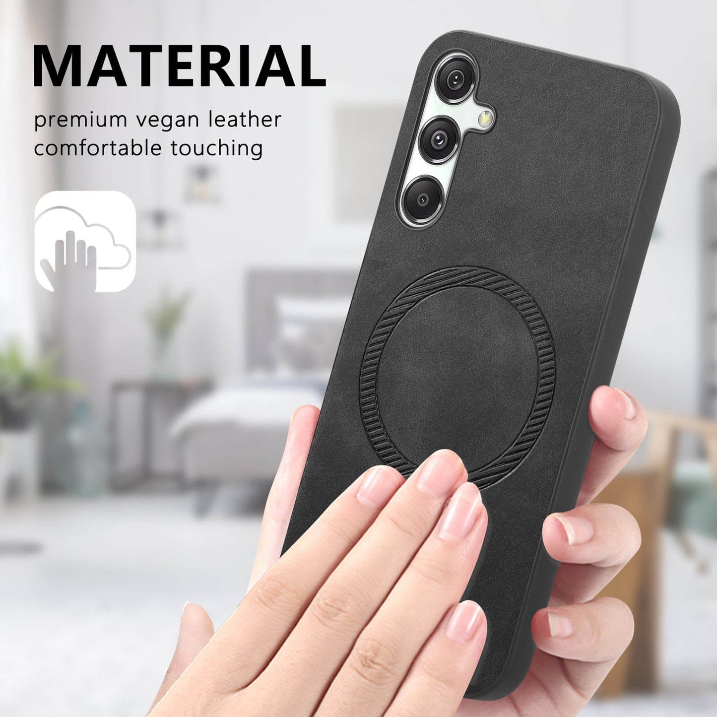 For Samsung Galaxy M34 5G Leather Back Case Compatible with MagSafe Skin-touch Phone Cover - Black