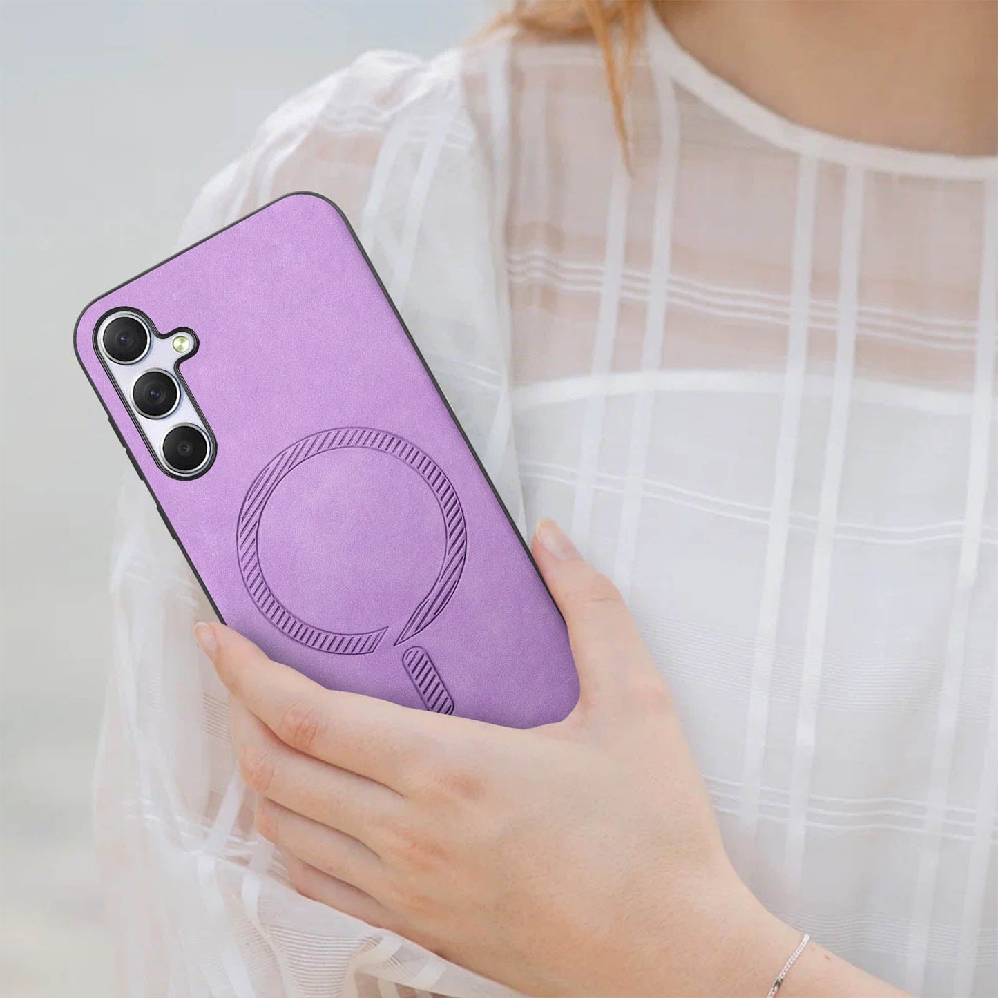 For Samsung Galaxy M54 5G Leather Back Case Compatible with MagSafe Skin-touch Phone Cover - Purple