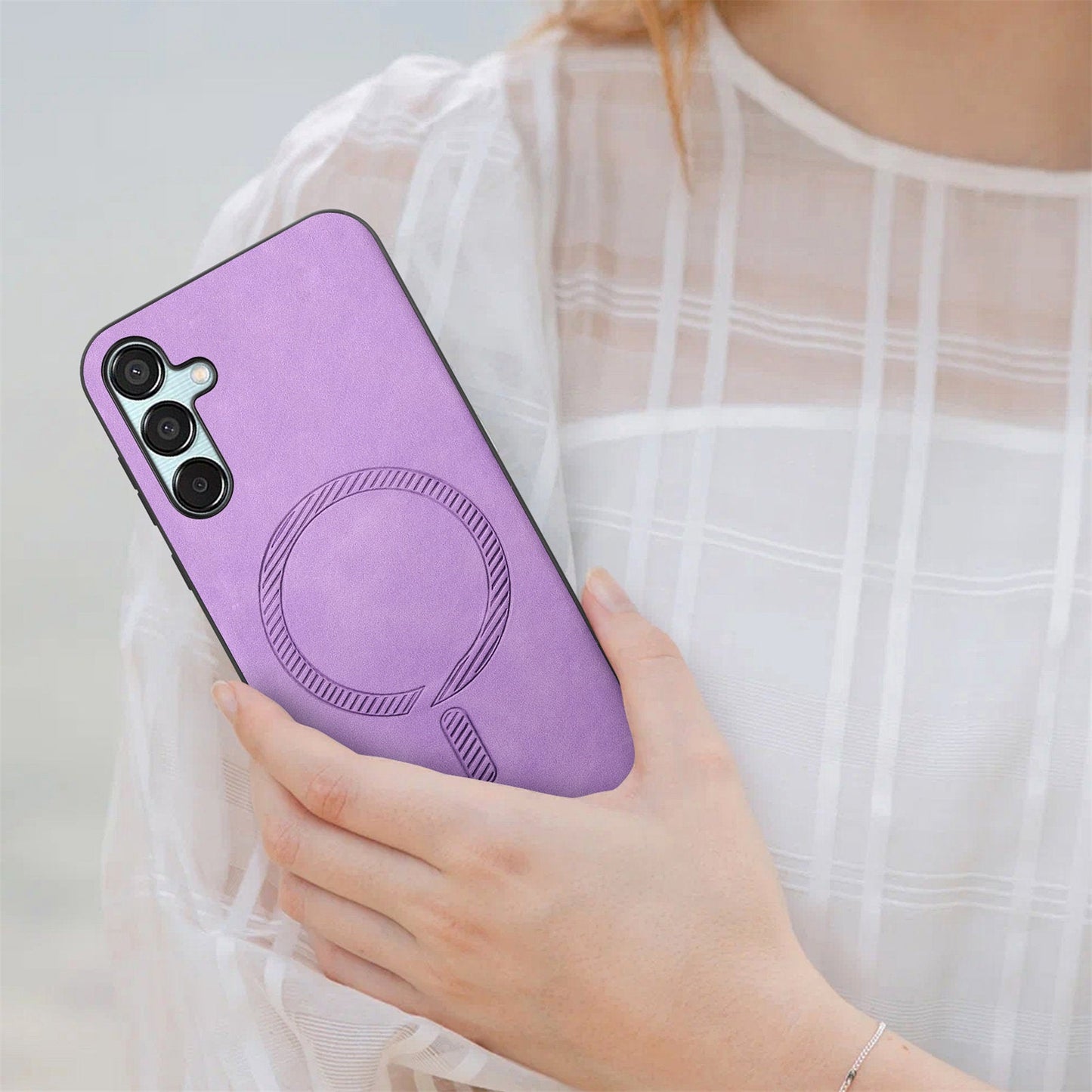For Samsung Galaxy F15 5G Leather Back Case Compatible with MagSafe Skin-touch Phone Cover - Purple