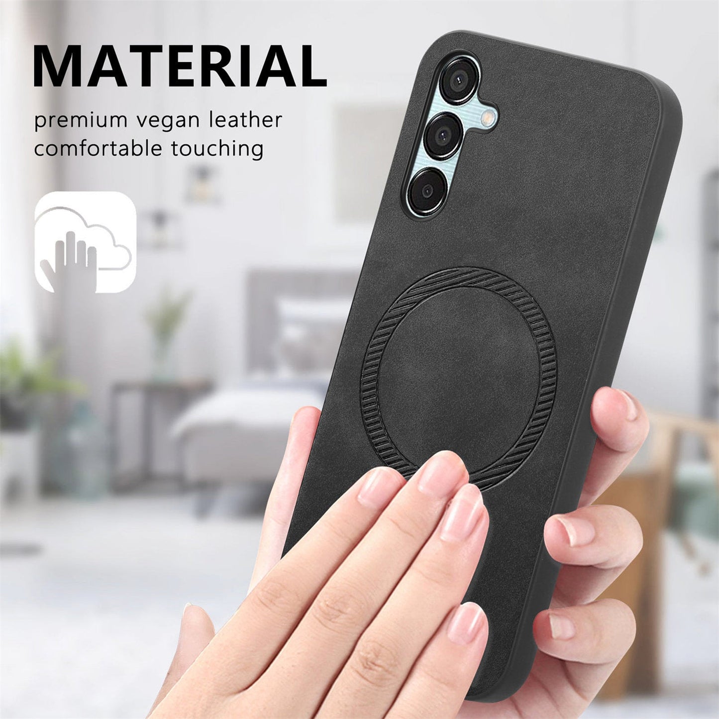For Samsung Galaxy F15 5G Leather Back Case Compatible with MagSafe Skin-touch Phone Cover - Black