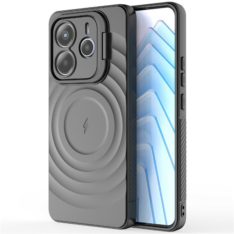 For Xiaomi Redmi Note 14 5G Case Compatible with MagSafe PC Kickstand Ripple Texture TPU Phone Cover - Black