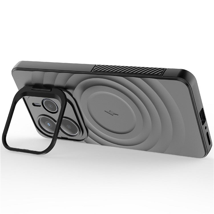 For Xiaomi Redmi Note 14 5G Case Compatible with MagSafe PC Kickstand Ripple Texture TPU Phone Cover - Black