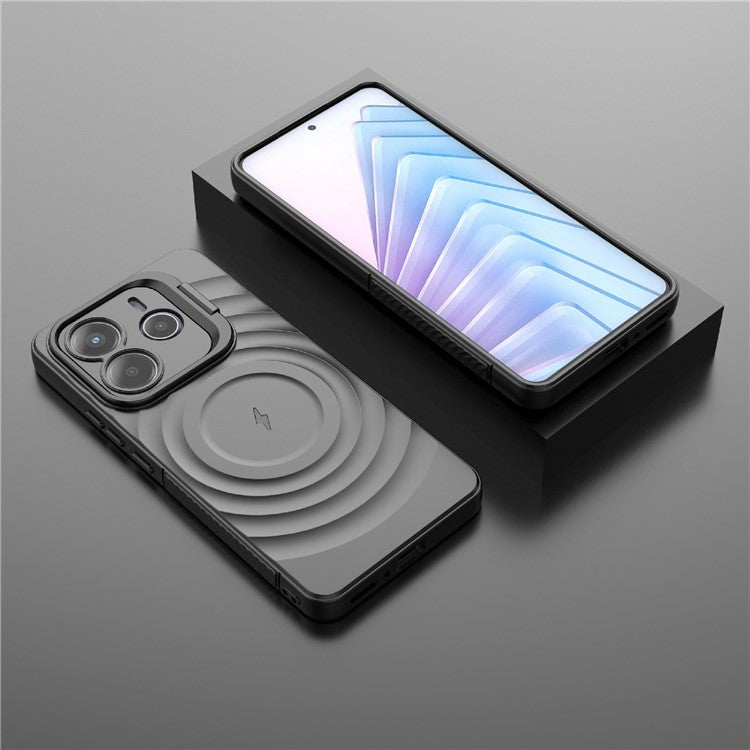 For Xiaomi Redmi Note 14 5G Case Compatible with MagSafe PC Kickstand Ripple Texture TPU Phone Cover - Black