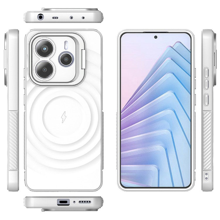 For Xiaomi Redmi Note 14 5G Case Compatible with MagSafe PC Kickstand Ripple Texture TPU Phone Cover - White