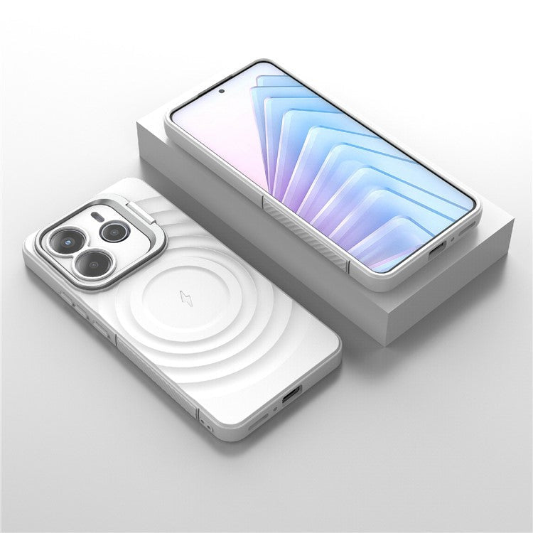 For Xiaomi Redmi Note 14 5G Case Compatible with MagSafe PC Kickstand Ripple Texture TPU Phone Cover - White