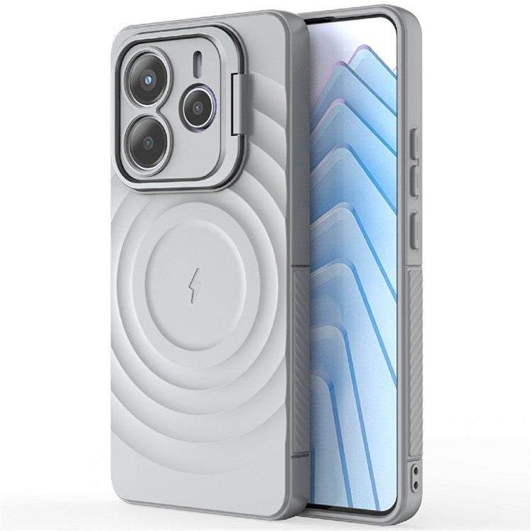 For Xiaomi Redmi Note 14 5G Case Compatible with MagSafe PC Kickstand Ripple Texture TPU Phone Cover - Grey