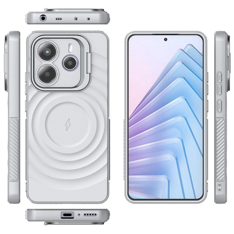 For Xiaomi Redmi Note 14 5G Case Compatible with MagSafe PC Kickstand Ripple Texture TPU Phone Cover - Grey