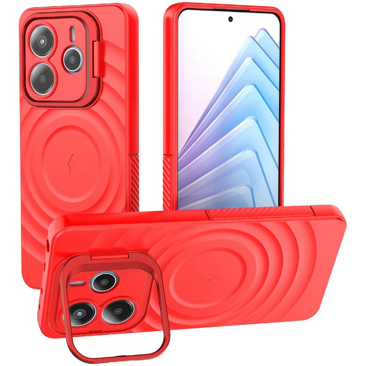For Xiaomi Redmi Note 14 5G Case Compatible with MagSafe PC Kickstand Ripple Texture TPU Phone Cover - Red