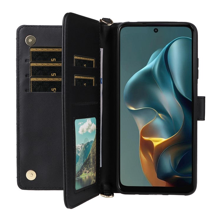 For Motorola Moto G05 4G / E15 4G Wallet Case with Shoulder Strap Leather Phone Cover - Black