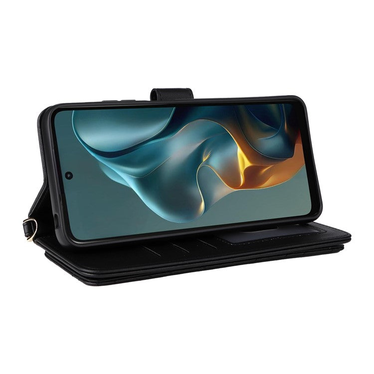 For Motorola Moto G05 4G / E15 4G Wallet Case with Shoulder Strap Leather Phone Cover - Black