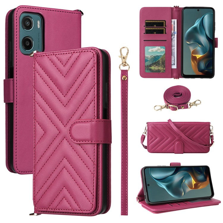 For Motorola Moto G05 4G / E15 4G Wallet Case with Shoulder Strap Leather Phone Cover - Rose