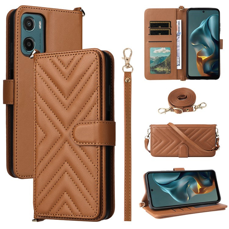 For Motorola Moto G05 4G / E15 4G Wallet Case with Shoulder Strap Leather Phone Cover - Brown