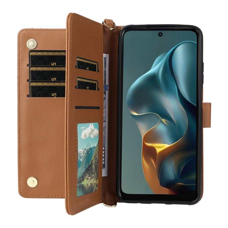 For Motorola Moto G05 4G / E15 4G Wallet Case with Shoulder Strap Leather Phone Cover - Brown