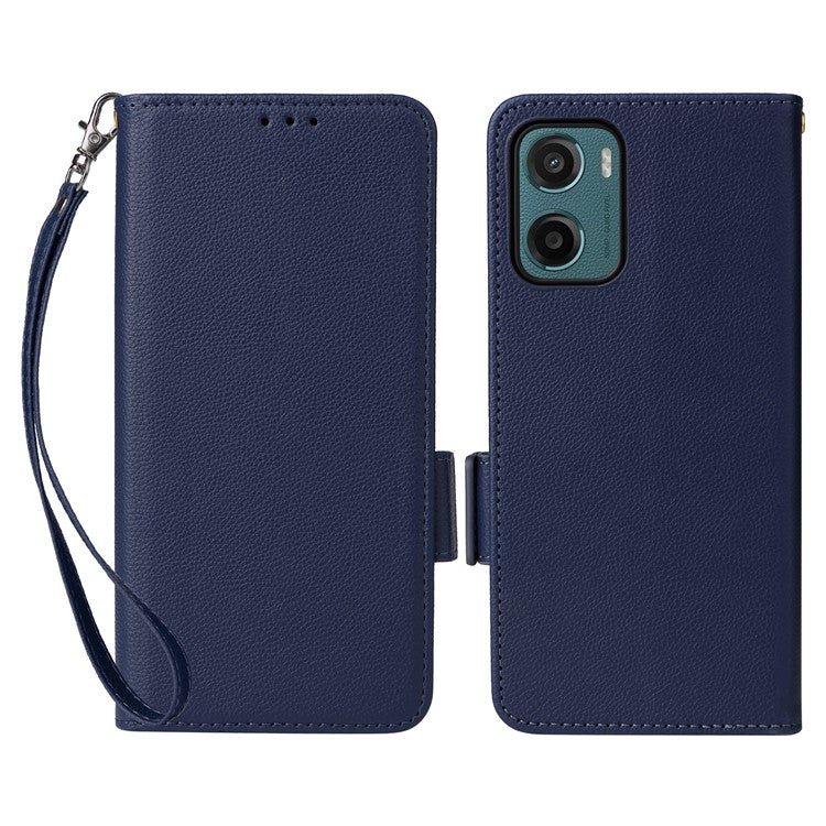 For Motorola Moto G05 4G / E15 4G Case Litchi Texture PU Leather Wallet Flip Phone Cover - Dark Blue