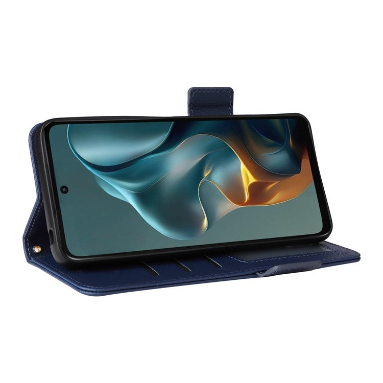 For Motorola Moto G05 4G / E15 4G Case Litchi Texture PU Leather Wallet Flip Phone Cover - Dark Blue