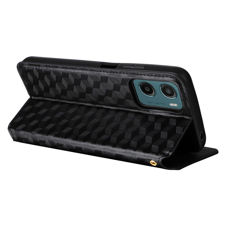 For Motorola Moto G05 4G / E15 4G Wallet Case Rhombus Imprinted Leather Phone Cover - Black