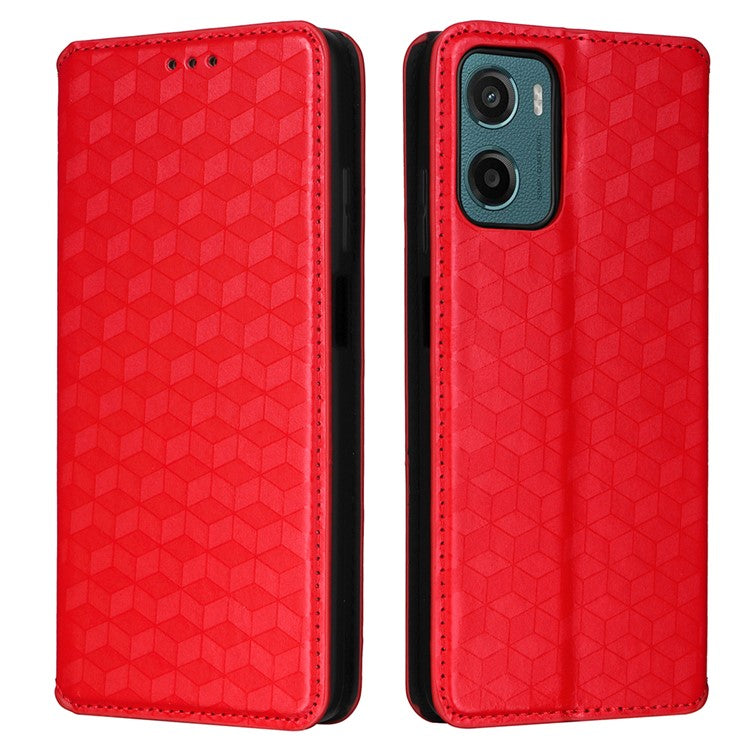 For Motorola Moto G05 4G / E15 4G Wallet Case Rhombus Imprinted Leather Phone Cover - Red