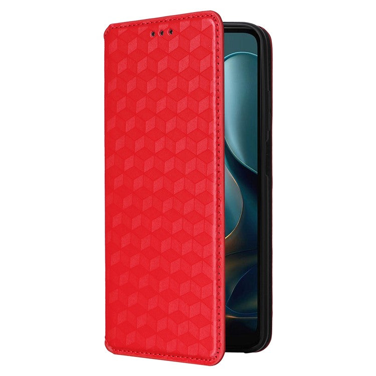 For Motorola Moto G05 4G / E15 4G Wallet Case Rhombus Imprinted Leather Phone Cover - Red