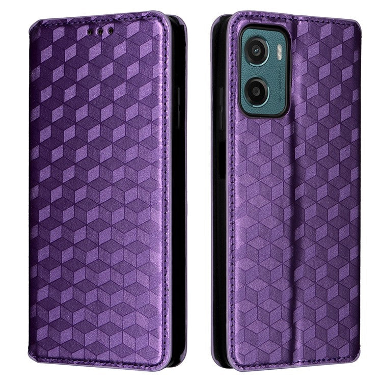 For Motorola Moto G05 4G / E15 4G Wallet Case Rhombus Imprinted Leather Phone Cover - Purple