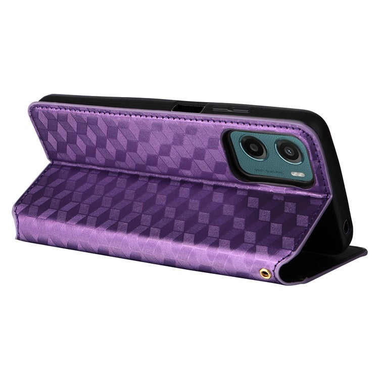 For Motorola Moto G05 4G / E15 4G Wallet Case Rhombus Imprinted Leather Phone Cover - Purple