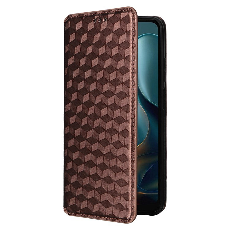 For Motorola Moto G05 4G / E15 4G Wallet Case Rhombus Imprinted Leather Phone Cover - Brown