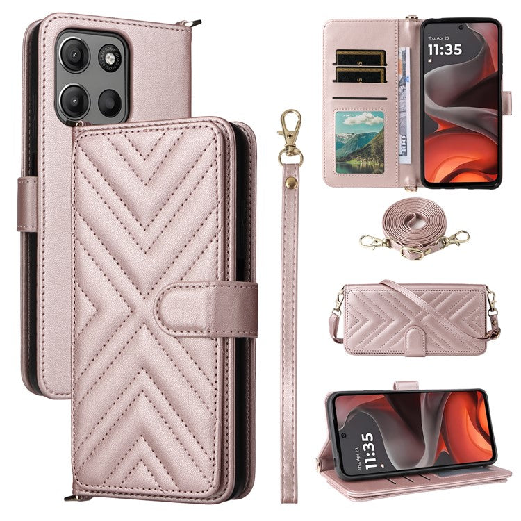 For Motorola Moto G15 Power 4G / G15 4G Wallet Case with Shoulder Strap Leather Phone Cover - Pink