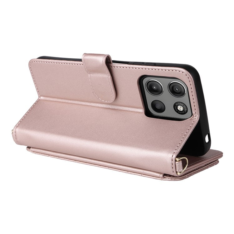 For Motorola Moto G15 Power 4G / G15 4G Wallet Case with Shoulder Strap Leather Phone Cover - Pink