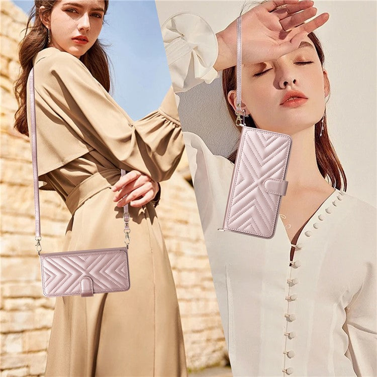 For Motorola Moto G15 Power 4G / G15 4G Wallet Case with Shoulder Strap Leather Phone Cover - Pink