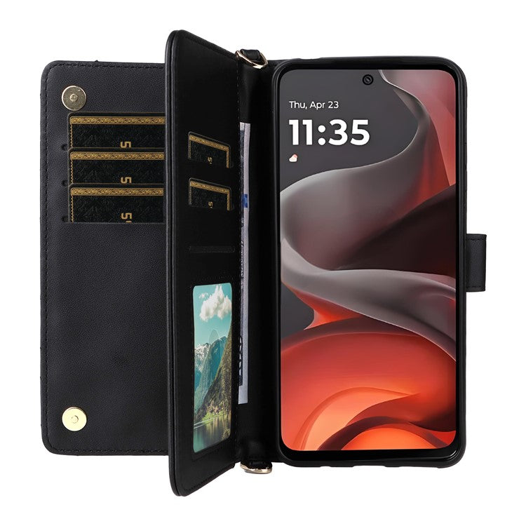 For Motorola Moto G15 Power 4G / G15 4G Wallet Case with Shoulder Strap Leather Phone Cover - Black