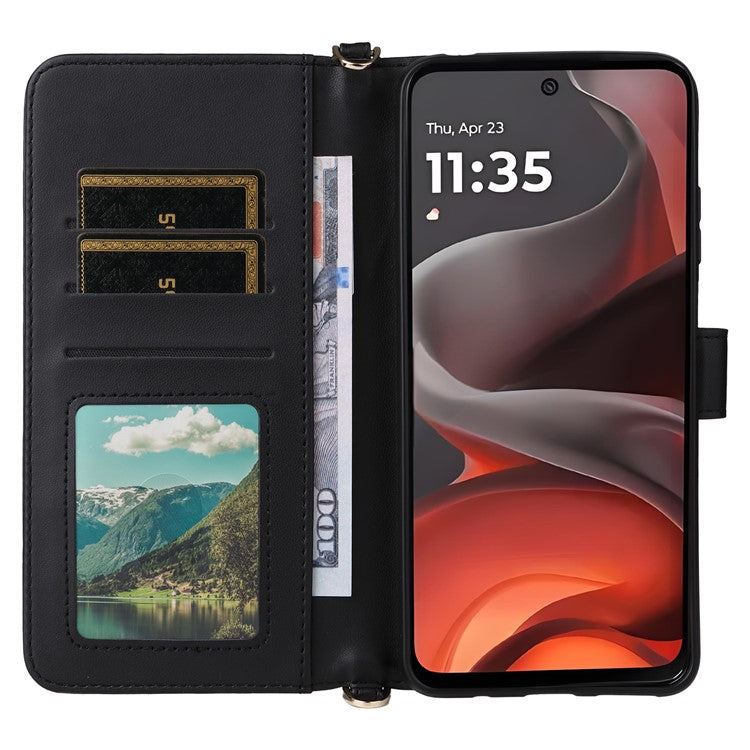 For Motorola Moto G15 Power 4G / G15 4G Wallet Case with Shoulder Strap Leather Phone Cover - Black