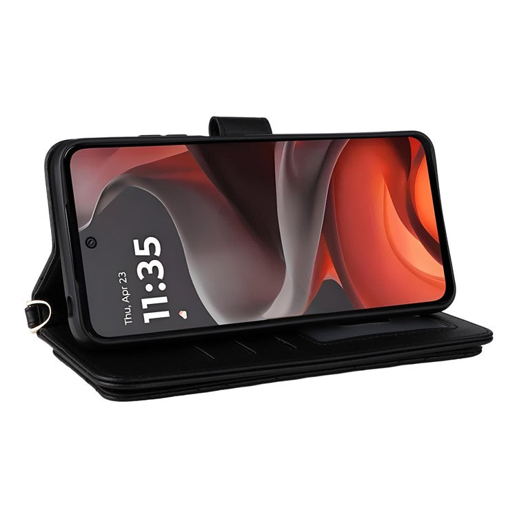 For Motorola Moto G15 Power 4G / G15 4G Wallet Case with Shoulder Strap Leather Phone Cover - Black