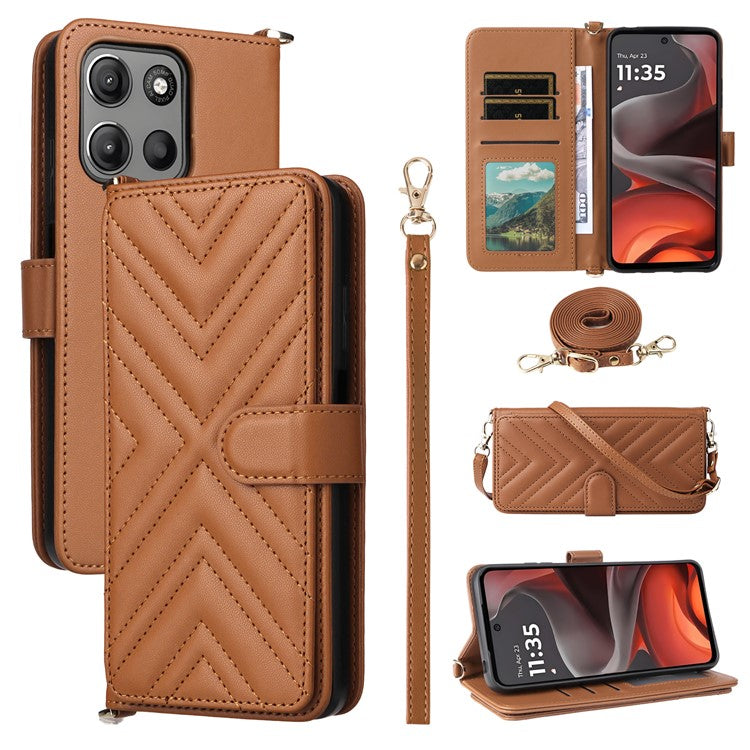 For Motorola Moto G15 Power 4G / G15 4G Wallet Case with Shoulder Strap Leather Phone Cover - Brown