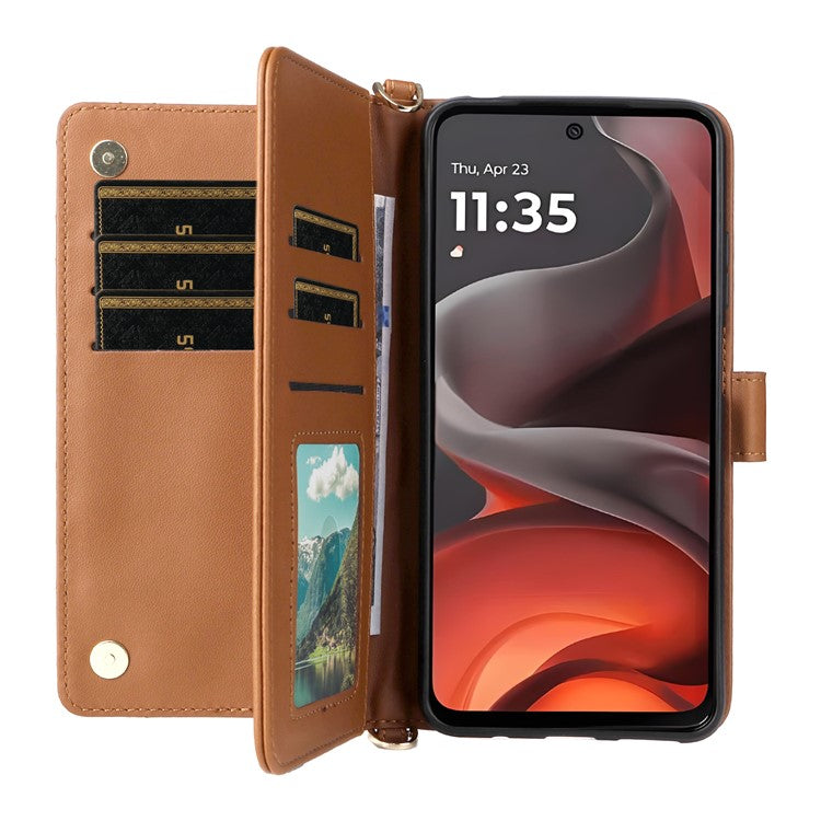 For Motorola Moto G15 Power 4G / G15 4G Wallet Case with Shoulder Strap Leather Phone Cover - Brown