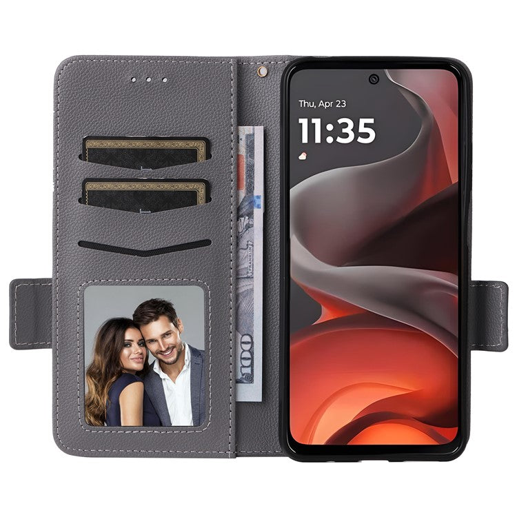 For Motorola Moto G15 Power 4G / G15 4G Case Litchi Texture PU Leather Wallet Flip Phone Cover - Grey