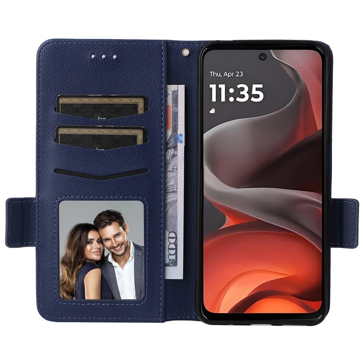 For Motorola Moto G15 Power 4G / G15 4G Case Litchi Texture PU Leather Wallet Flip Phone Cover - Dark Blue