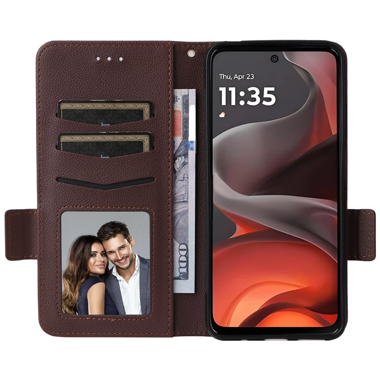 For Motorola Moto G15 Power 4G / G15 4G Case Litchi Texture PU Leather Wallet Flip Phone Cover - Brown