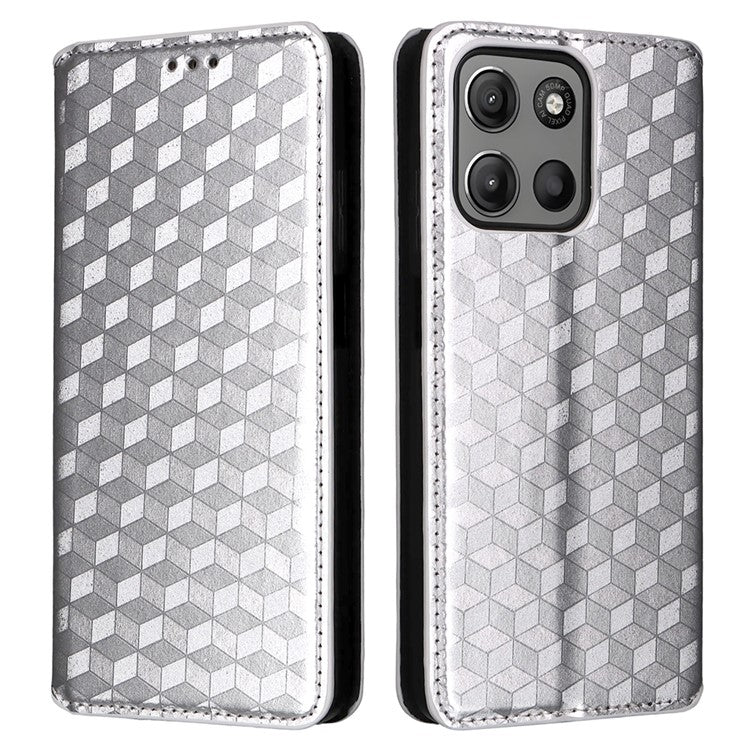For Motorola Moto G15 Power 4G / G15 4G Wallet Case Rhombus Imprinted Leather Phone Cover - Silver