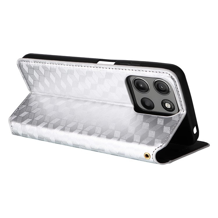 For Motorola Moto G15 Power 4G / G15 4G Wallet Case Rhombus Imprinted Leather Phone Cover - Silver