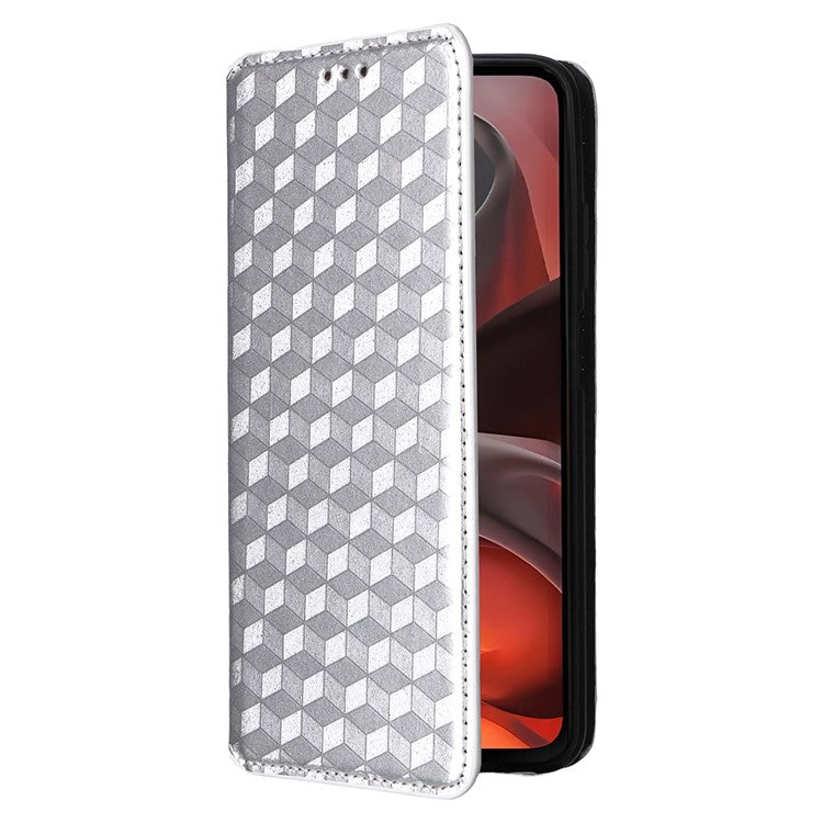 For Motorola Moto G15 Power 4G / G15 4G Wallet Case Rhombus Imprinted Leather Phone Cover - Silver