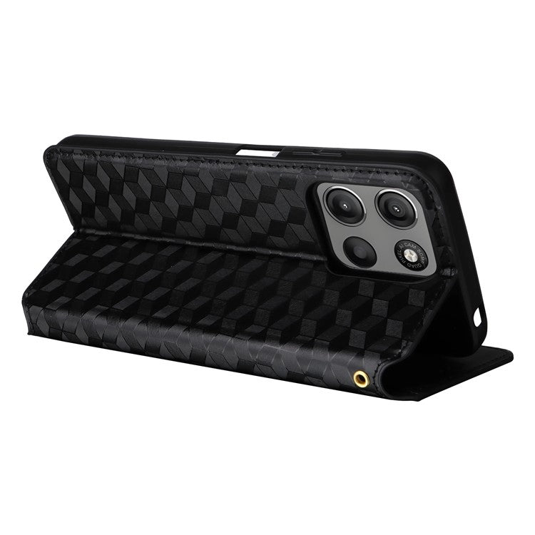 For Motorola Moto G15 Power 4G / G15 4G Wallet Case Rhombus Imprinted Leather Phone Cover - Black