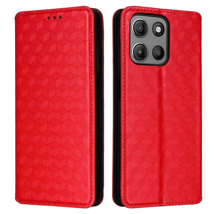 For Motorola Moto G15 Power 4G / G15 4G Wallet Case Rhombus Imprinted Leather Phone Cover - Red