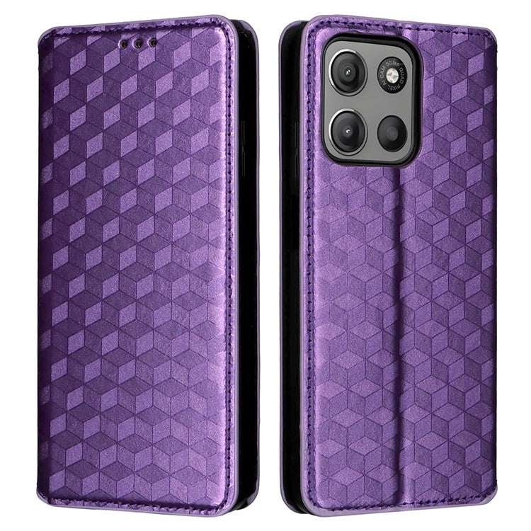 For Motorola Moto G15 Power 4G / G15 4G Wallet Case Rhombus Imprinted Leather Phone Cover - Purple