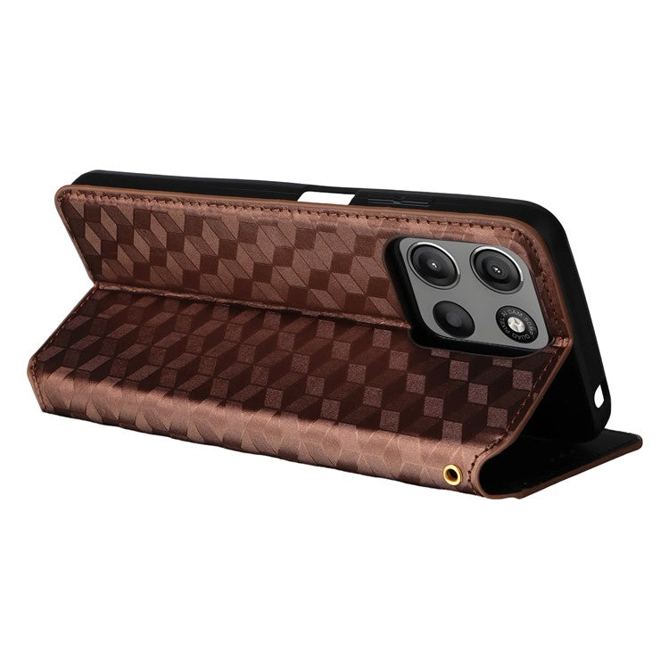 For Motorola Moto G15 Power 4G / G15 4G Wallet Case Rhombus Imprinted Leather Phone Cover - Brown