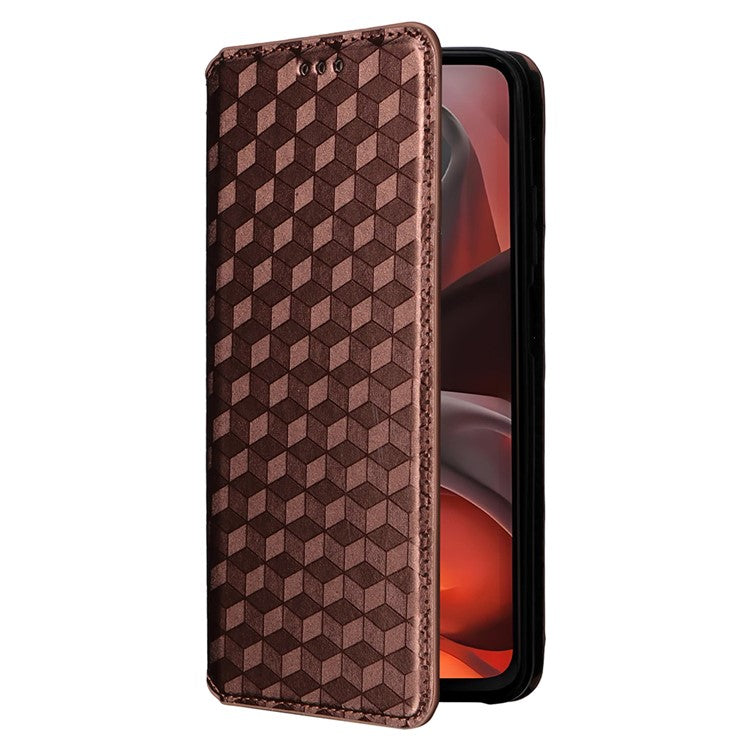 For Motorola Moto G15 Power 4G / G15 4G Wallet Case Rhombus Imprinted Leather Phone Cover - Brown
