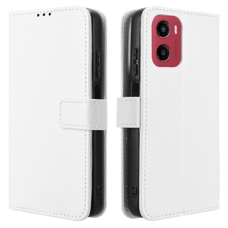 For Motorola Moto G05 4G / E15 4G Case PU Leather Diamond Texture Wallet Phone Cover - White