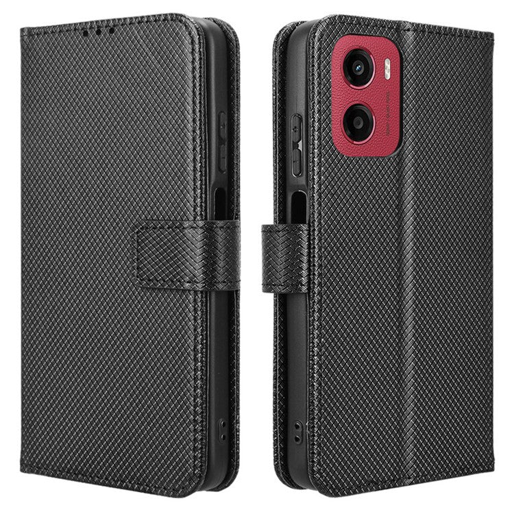 For Motorola Moto G05 4G / E15 4G Case PU Leather Diamond Texture Wallet Phone Cover - Black